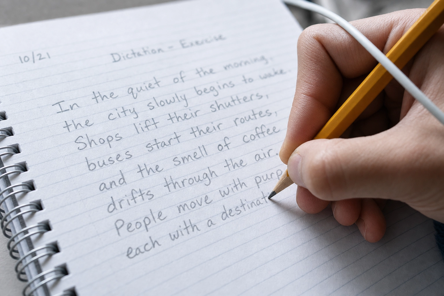 Close-up of a hand transcribing spoken English into a notebook during a dictation listening drill