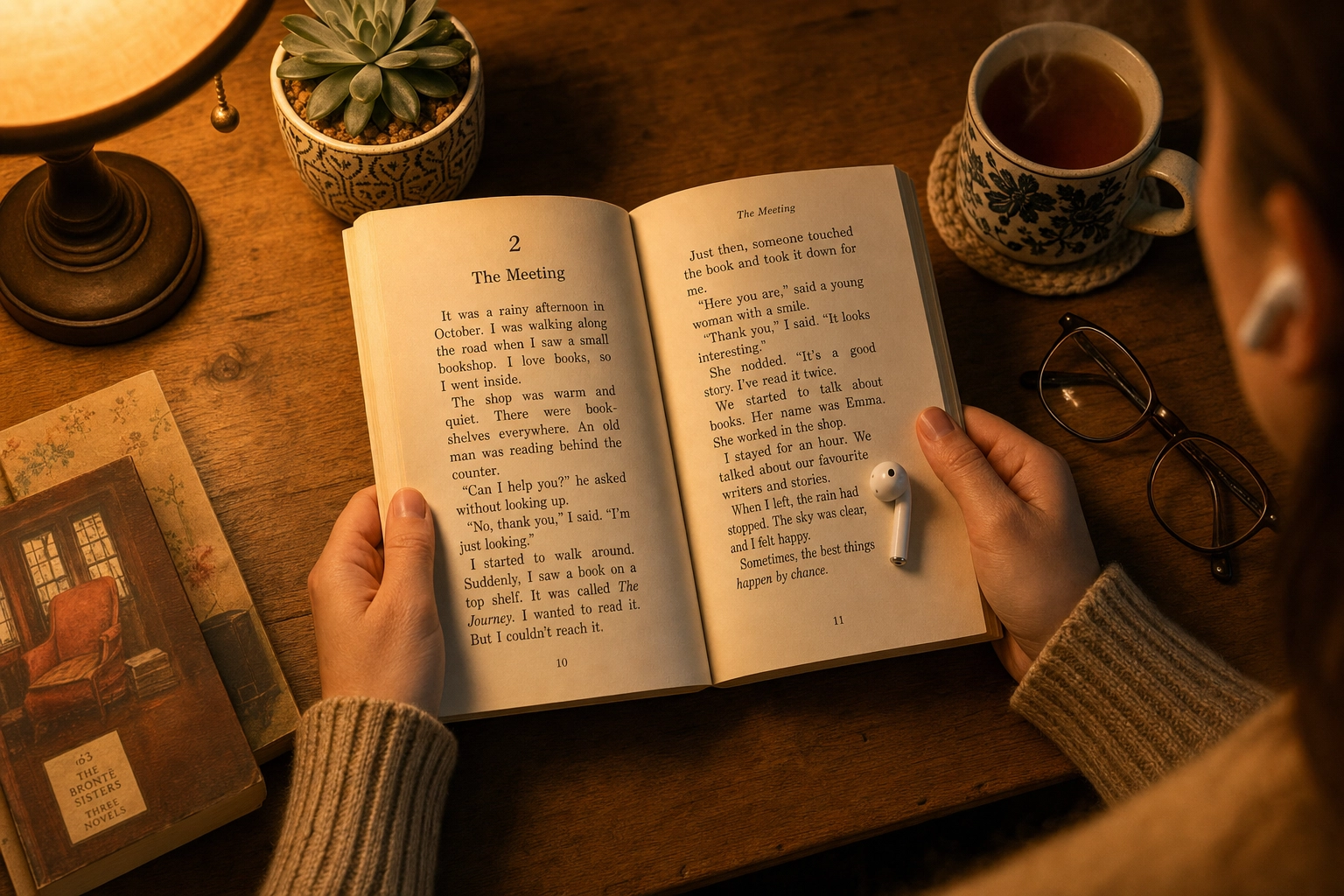 Hands holding a graded reader with earbuds for listening while reading English at home