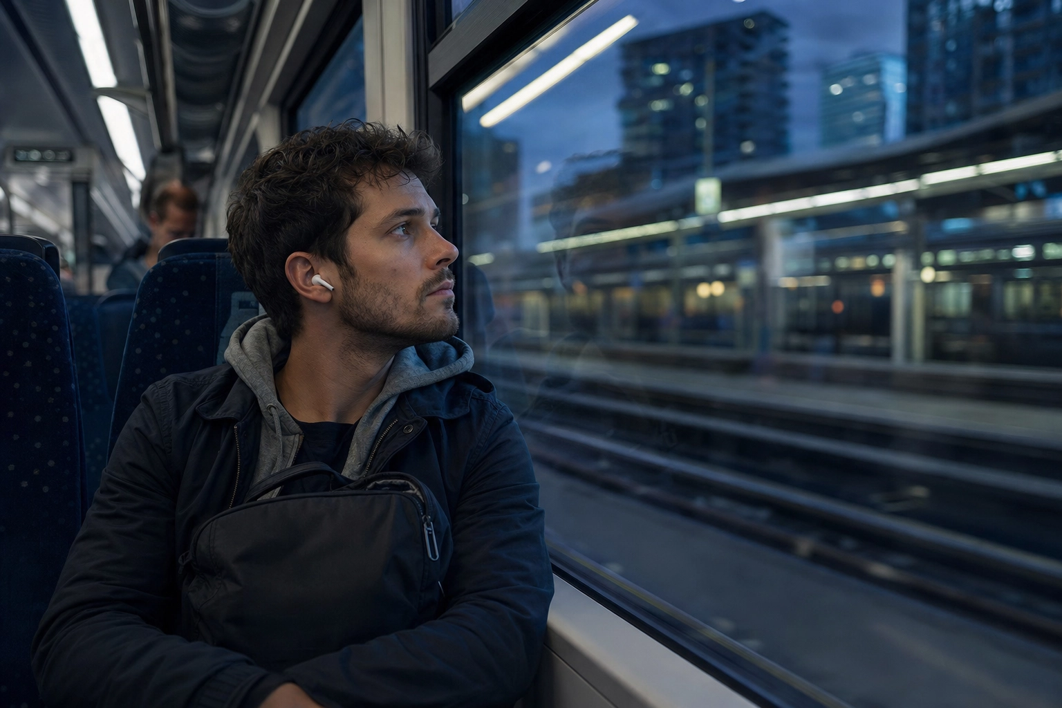 Commuter listening to English audio through earbuds on a train at dusk for passive exposure