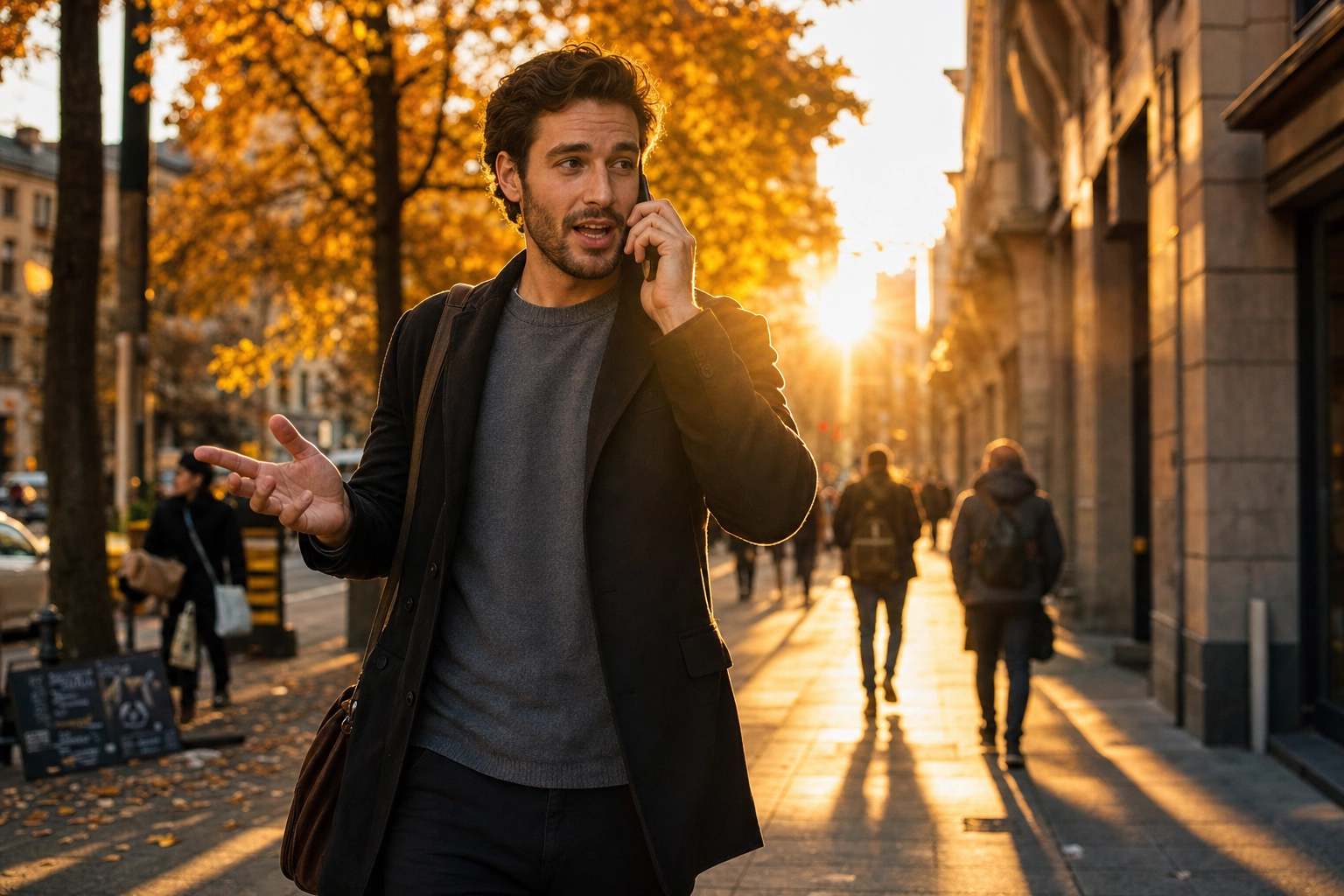 Person speaking and listening during a real-time English conversation on a phone call outdoors