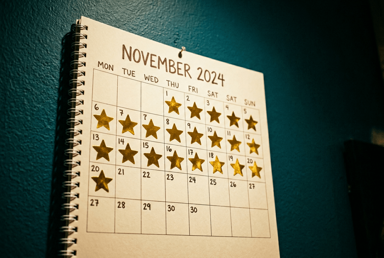 30-day challenge calendar tracking daily English speaking practice with gold star milestones