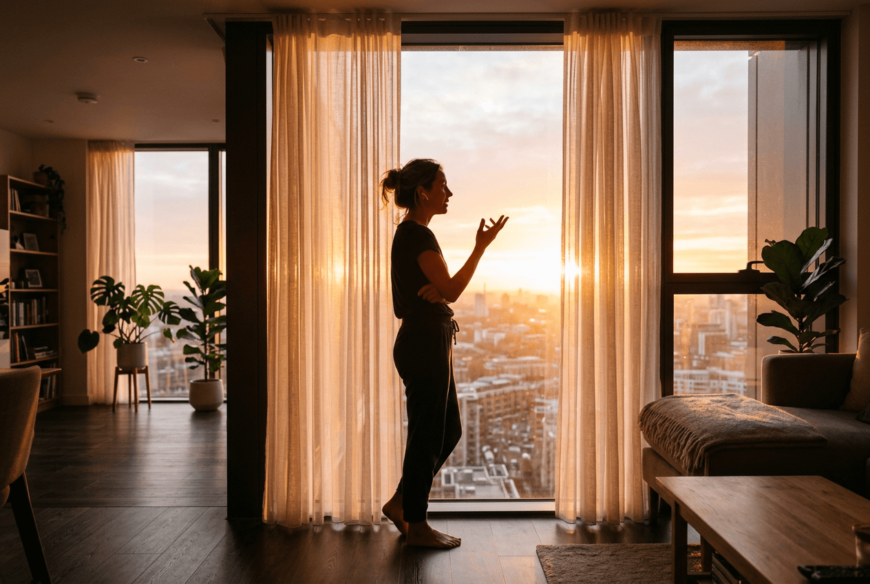 Confident English learner speaking freely with earbuds by sunrise window after building self-study habits