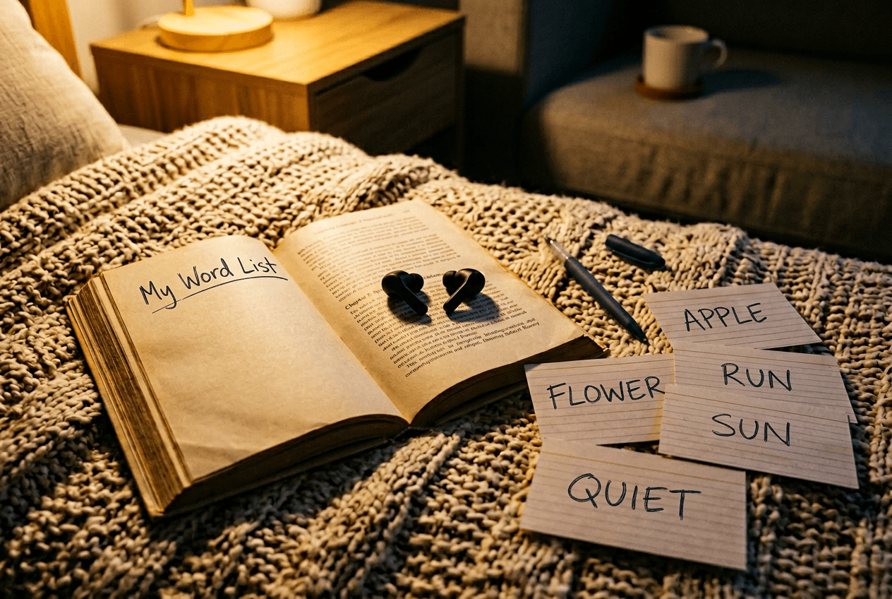 Earbuds and open English book with vocabulary flashcards for self-study speaking and reading practice