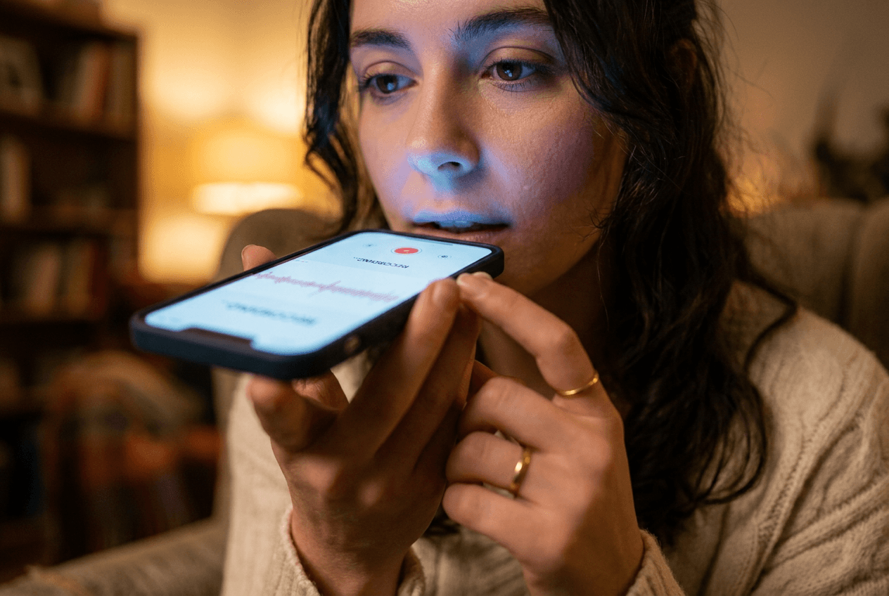 Person practicing English speaking alone at home using smartphone voice recording in comfortable setting
