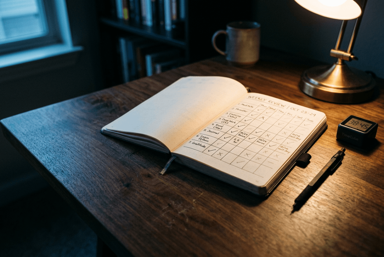 Progress tracking notebook and timer for measuring weekly English speaking improvement metrics