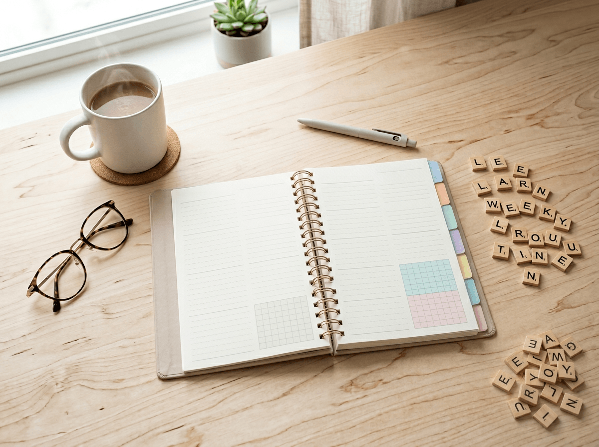 Weekly planner with color-coded days for building an English speaking practice curriculum