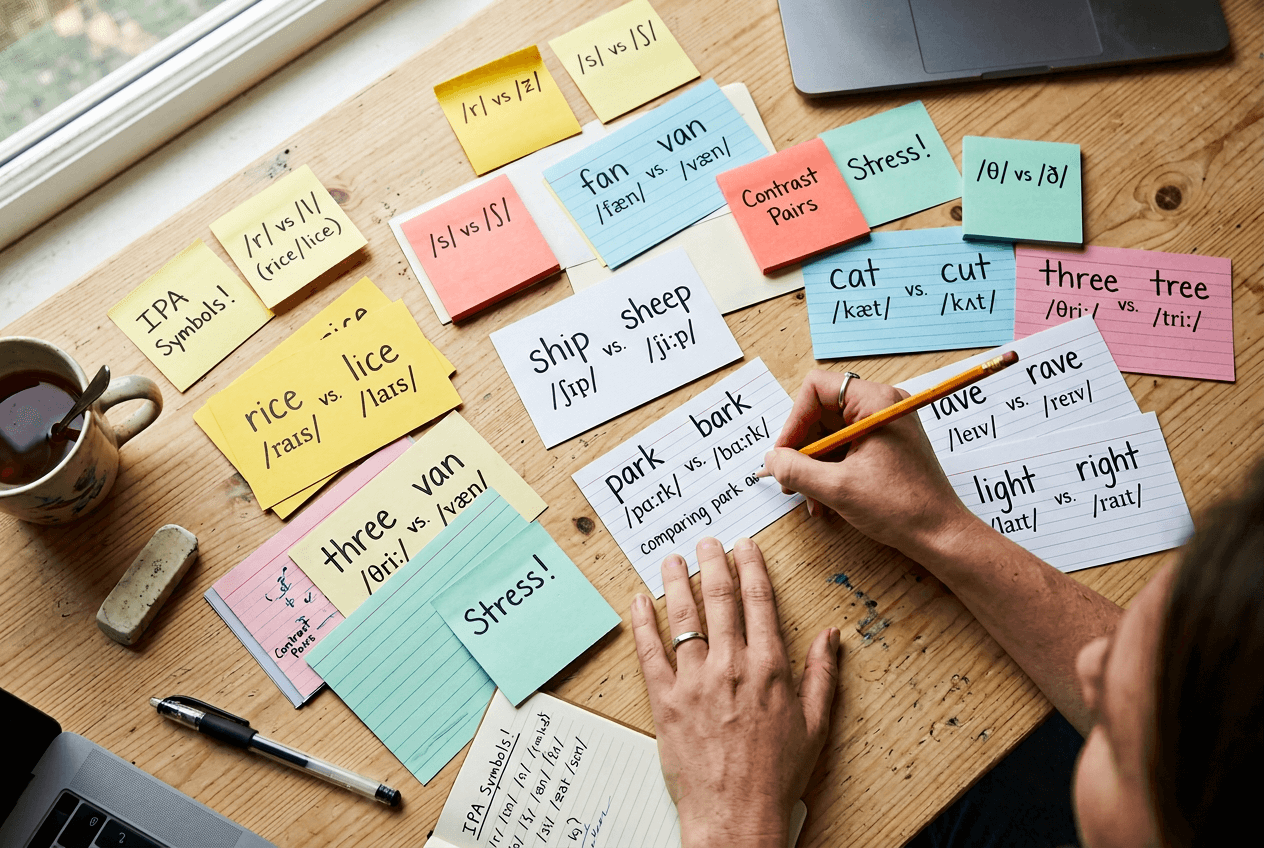 Pronunciation practice flashcards showing English minimal pairs for non-native speakers