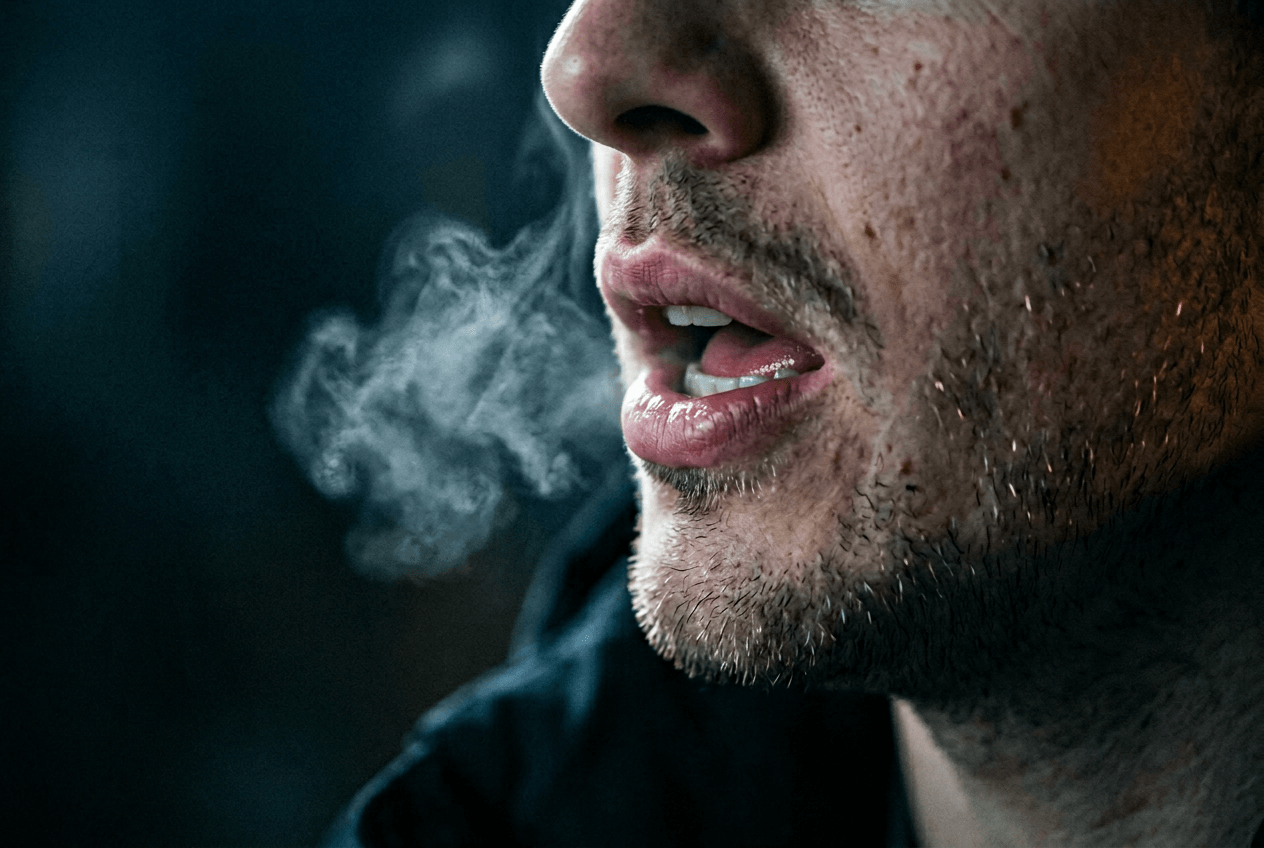 Close-up of mouth forming English sounds, showing pronunciation mechanics