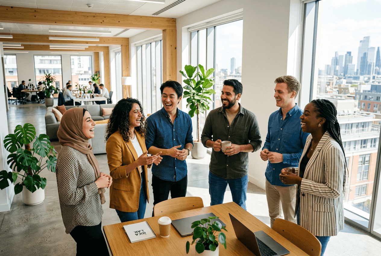 Diverse multilingual professionals speaking English confidently in workplace