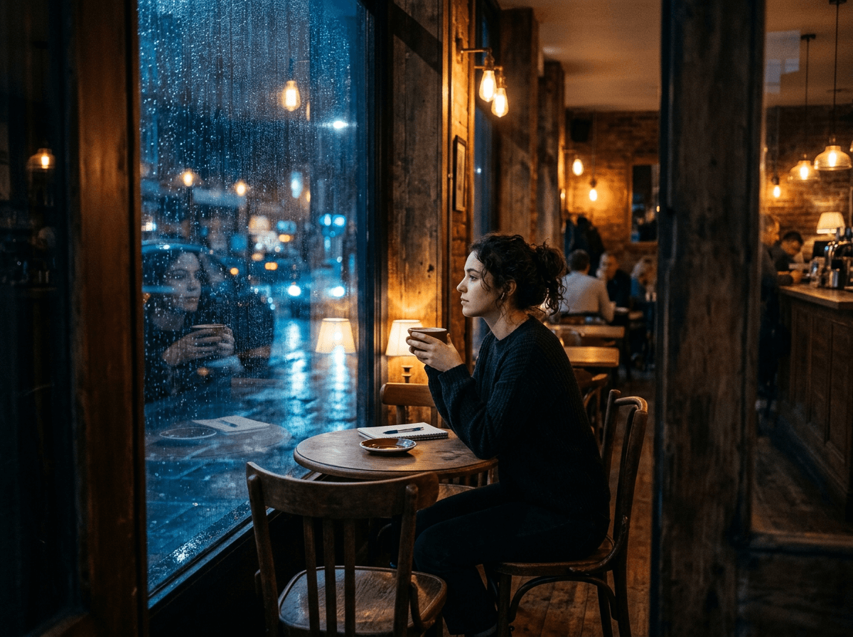 Person thinking in English during quiet café moment, building mental fluency