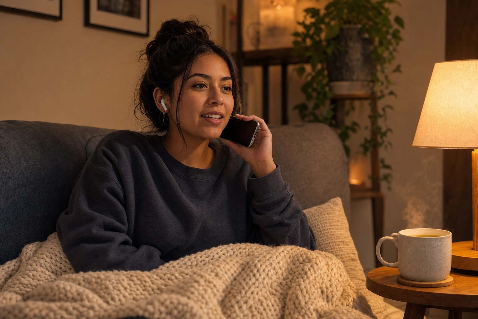 Learner relaxing at home doing daily low-pressure English speaking practice with earbuds and a phone
