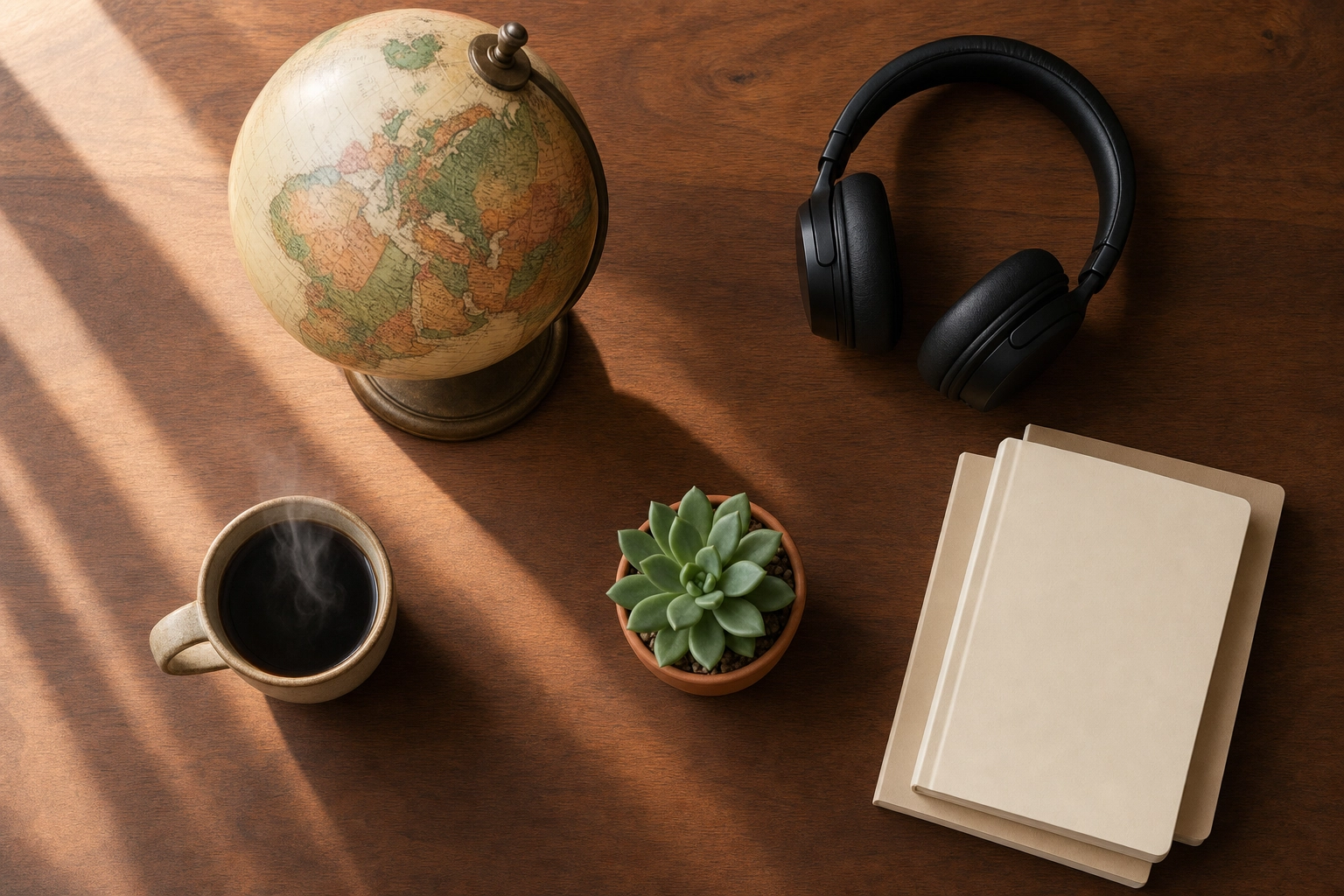 Overhead desk flat-lay with a globe and headphones representing English difficulty by native language