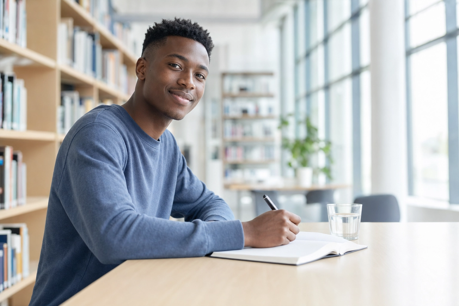 Relaxed learner writing easily in a notebook in a bright library, showing English grammar is simpler than expected