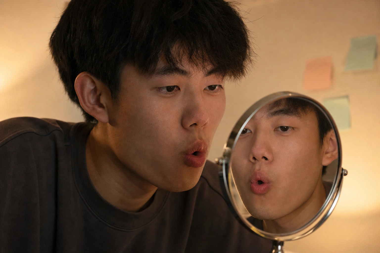 Learner practicing tricky English vowel and consonant sounds in a mirror at home in the evening