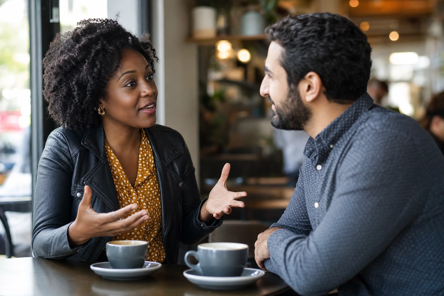 Two people in an animated English conversation at a café, showing speaking is the hardest skill