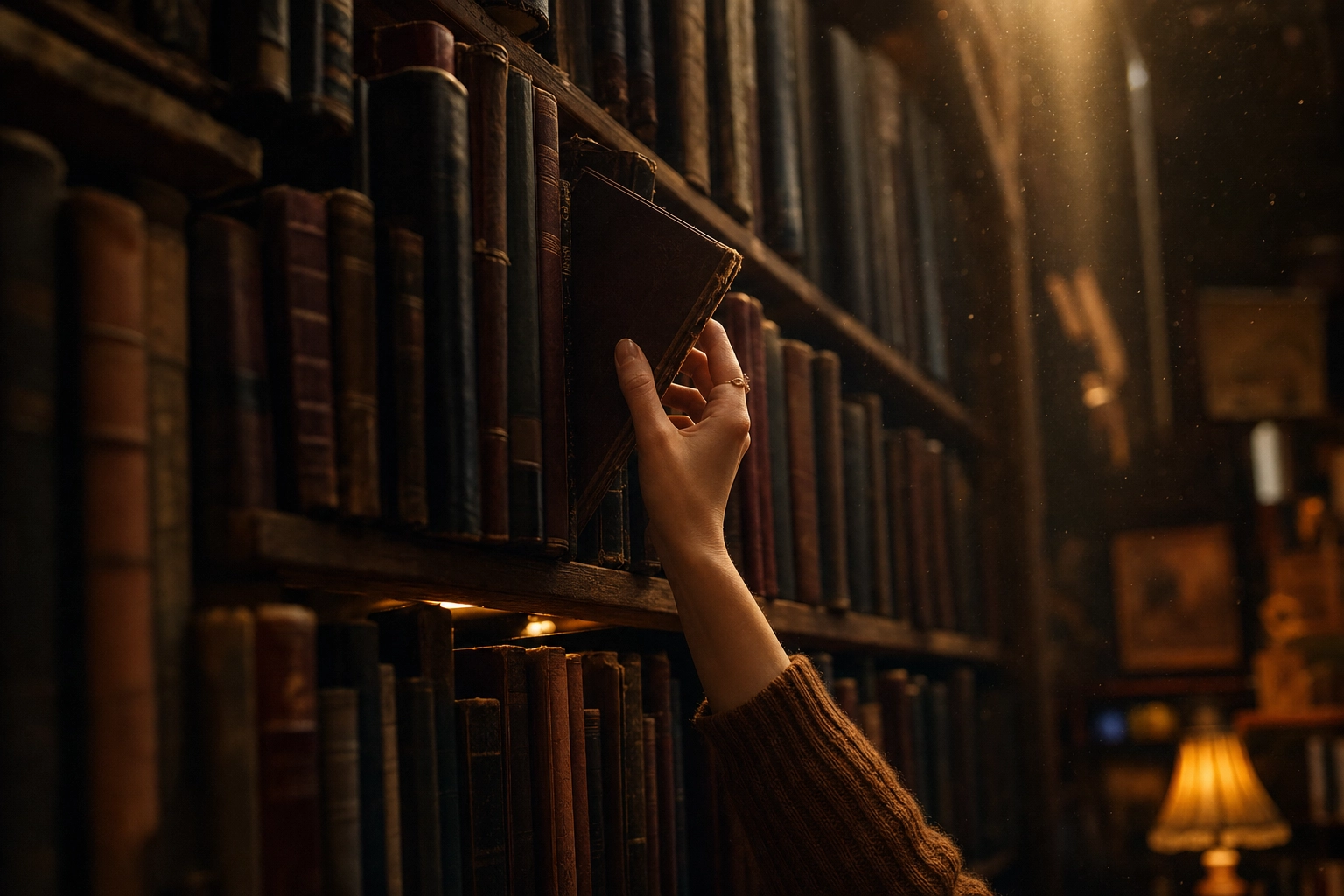 Hand pulling a book from a towering crowded shelf, evoking English's huge vocabulary and many idioms