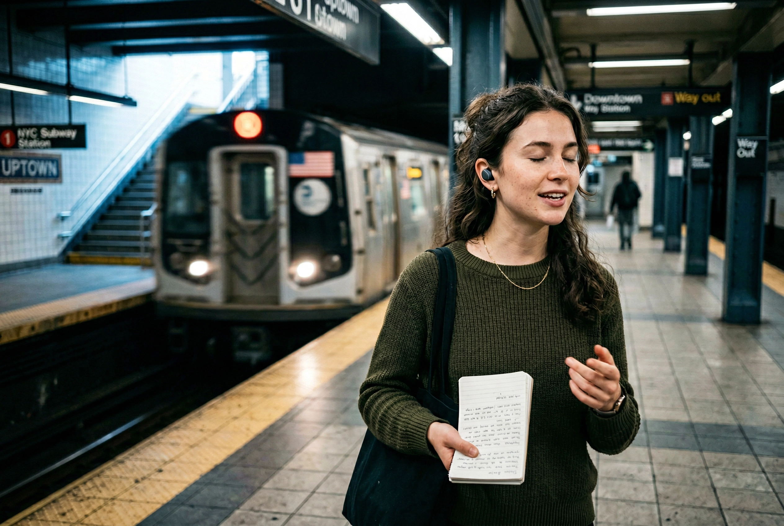 Wanita berlatih speaking bahasa Inggris dengan aplikasi AI selama perjalanan pagi di peron kereta bawah tanah yang sepi