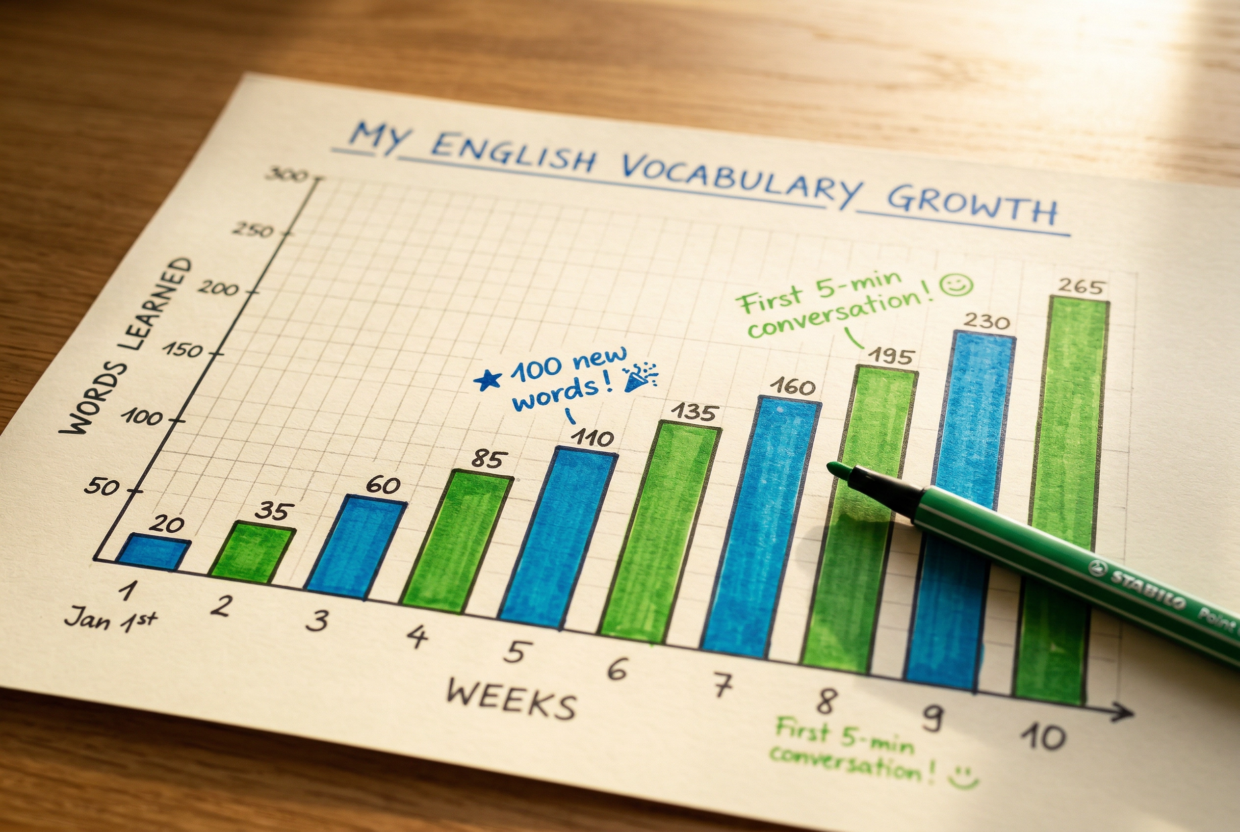 Grafik progres kosakata bahasa Inggris yang digambar tangan menunjukkan pertumbuhan dari sesi latihan speaking yang terlacak