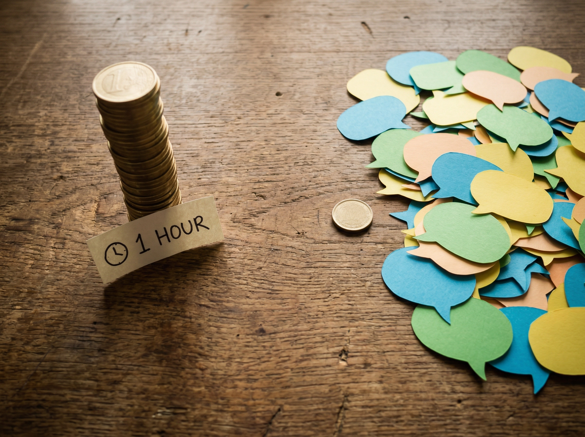 Visualisasi perbandingan biaya menunjukkan koin les mahal versus latihan speaking AI yang terjangkau dengan percakapan tanpa batas