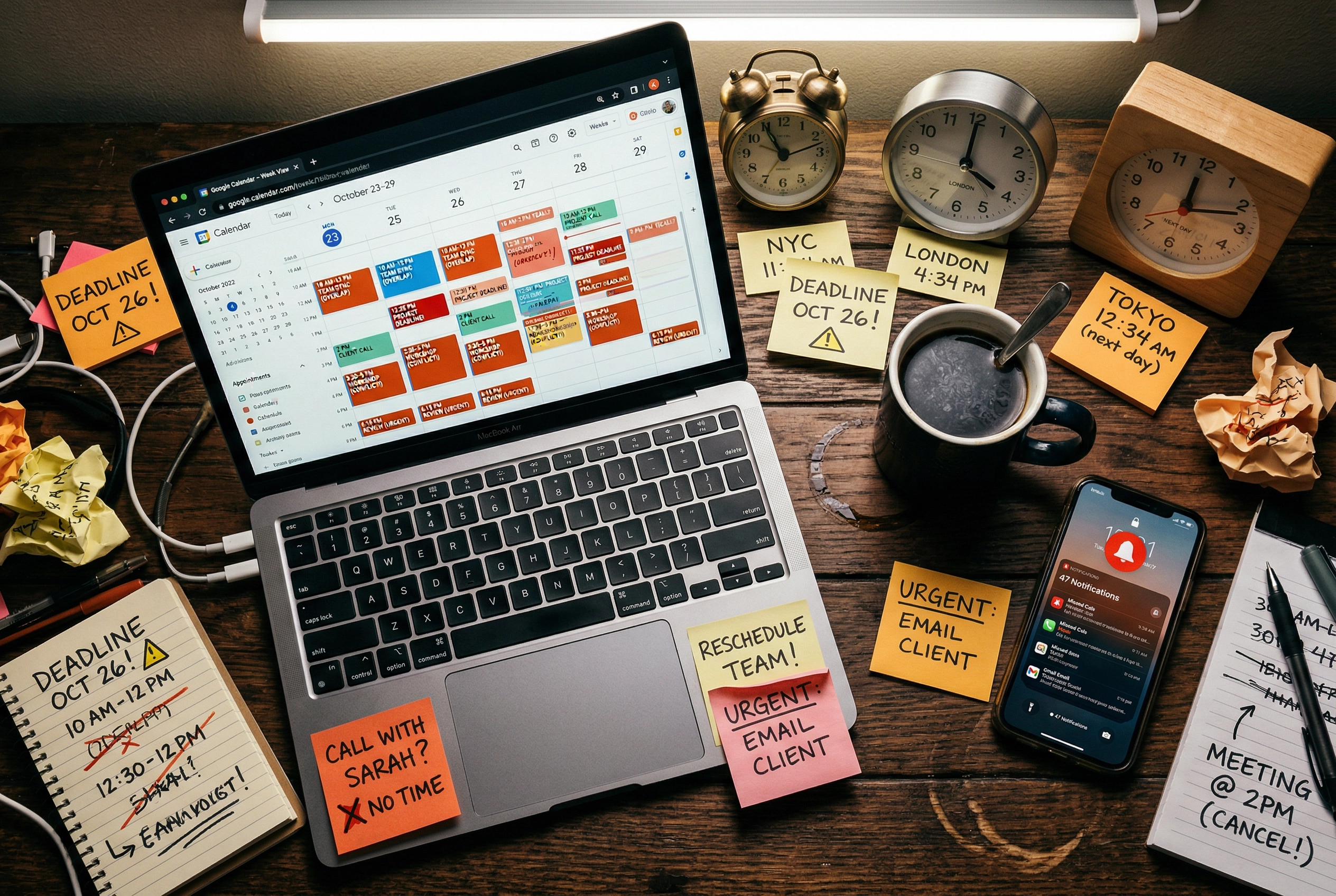 Meja berantakan yang menunjukkan kerumitan penjadwalan sesi les bahasa Inggris online di berbagai zona waktu