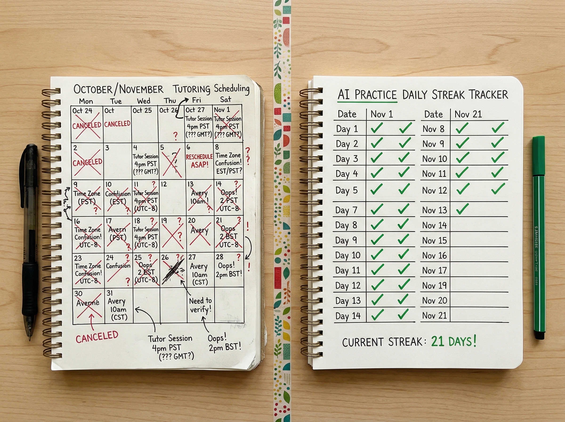 Perbandingan berdampingan antara jadwal les yang kacau versus pelacak streak latihan bahasa Inggris harian dengan AI yang rapi