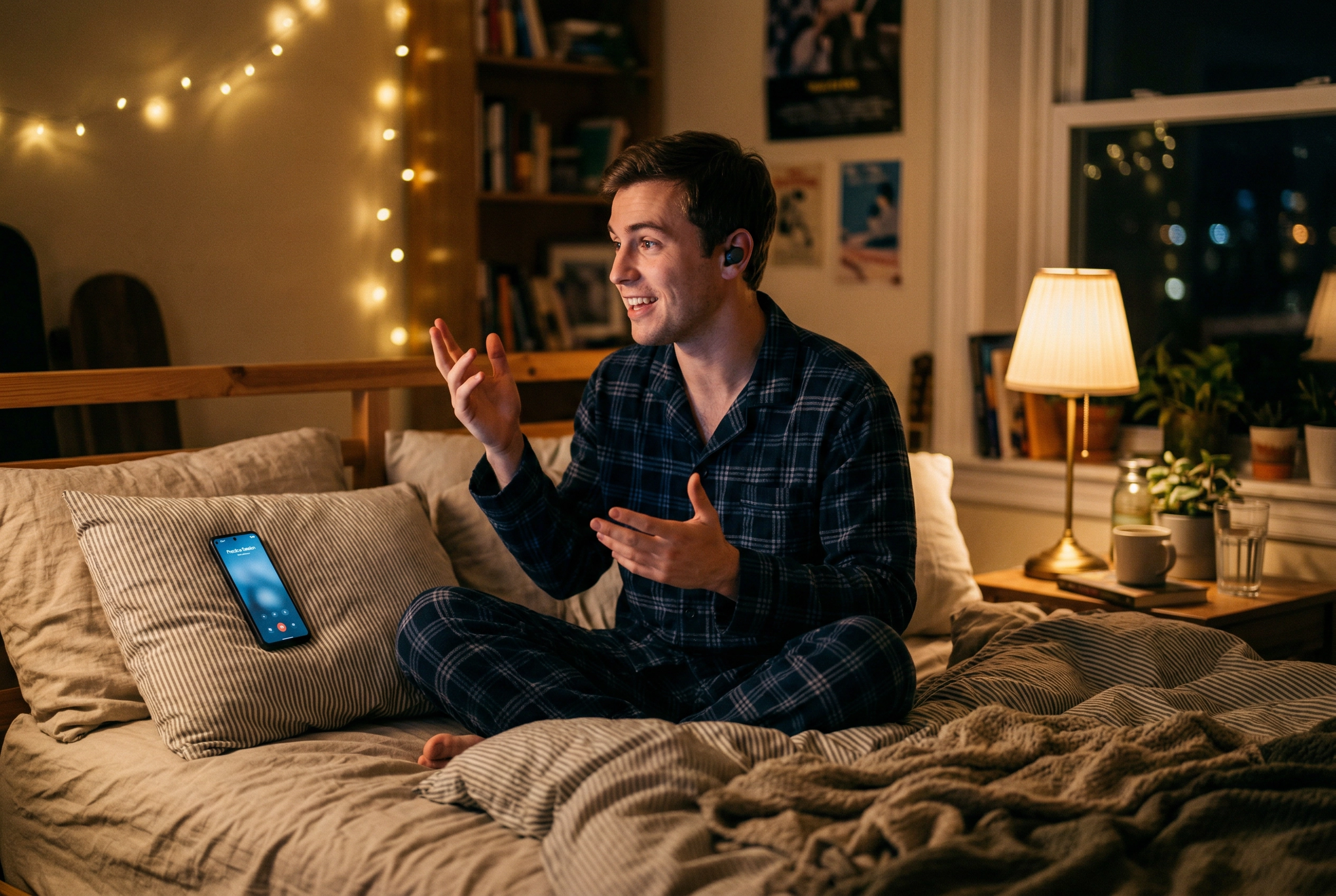 Pria muda santai dengan piyama berlatih percakapan bahasa Inggris dengan tutor AI larut malam tanpa tekanan penjadwalan