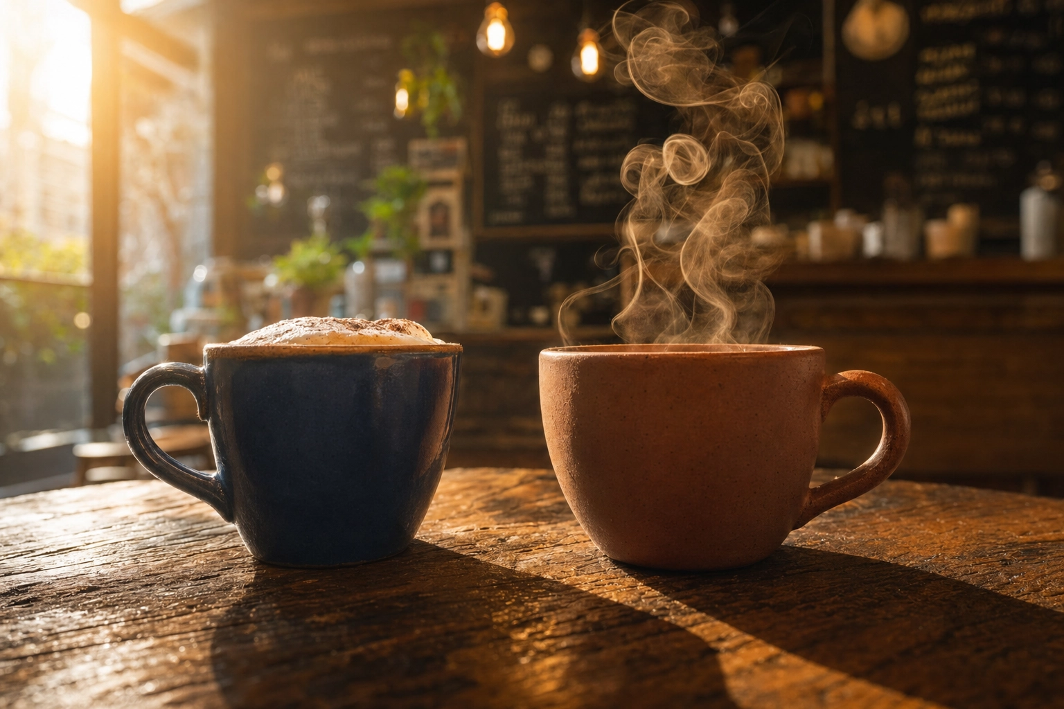 Two coffee cups with steam on a cafe table suggesting an unhurried English conversation between friends