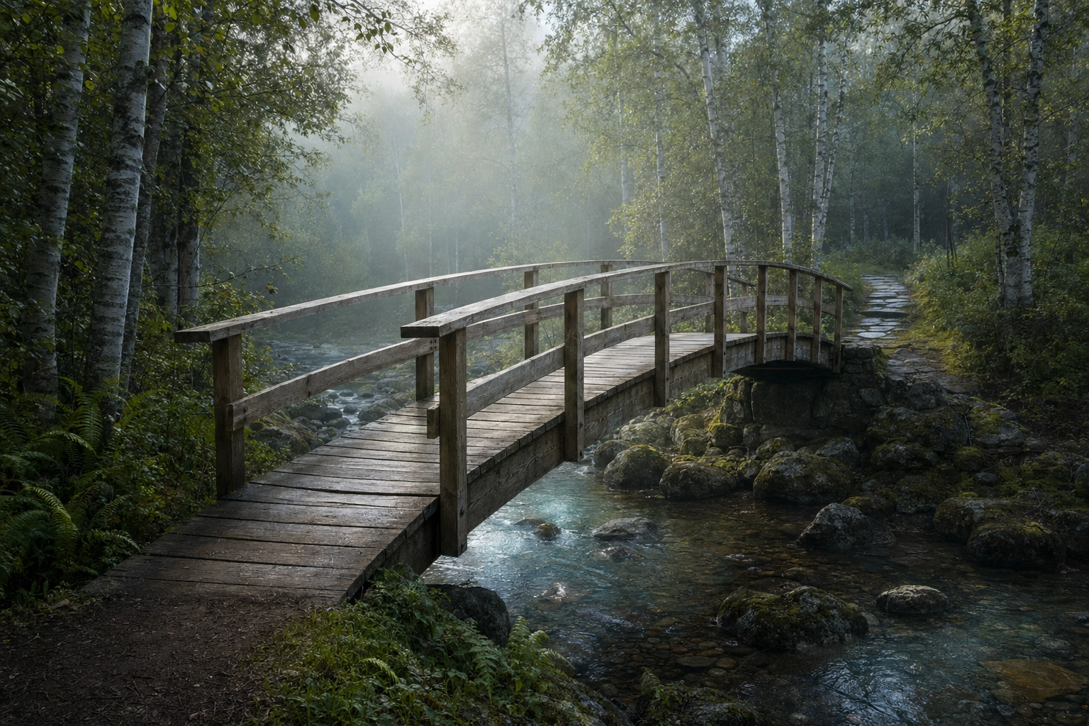 Wooden footbridge in misty forest as visual metaphor for English conversation extenders bridging topics