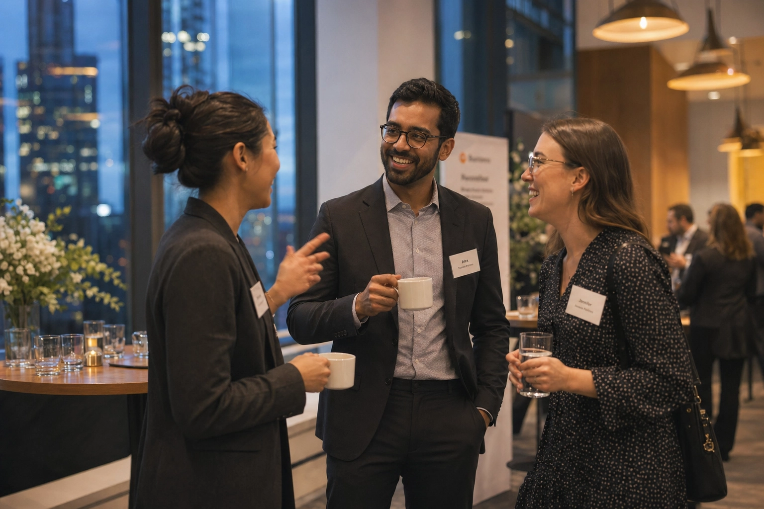 Small group of professionals having FORD method small talk at a corporate networking event