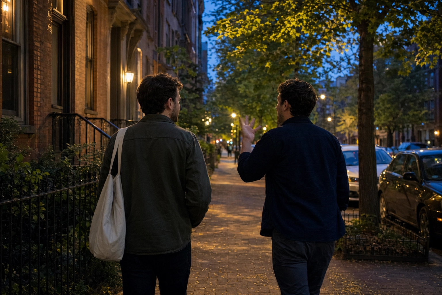 Two friends walking and talking on a tree-lined evening sidewalk practicing natural English conversation