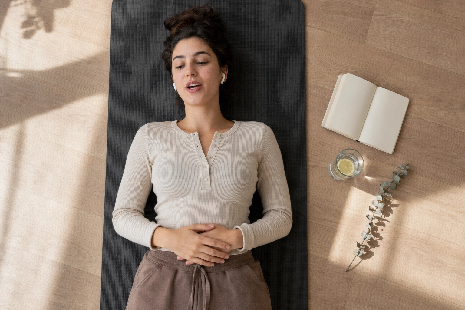 Overhead view of woman practicing English speaking solo on yoga mat with earbuds in calm focused setting