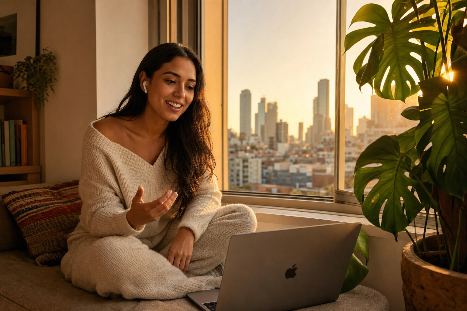 Confident woman on window seat at sunset smiling during her English speaking practice session