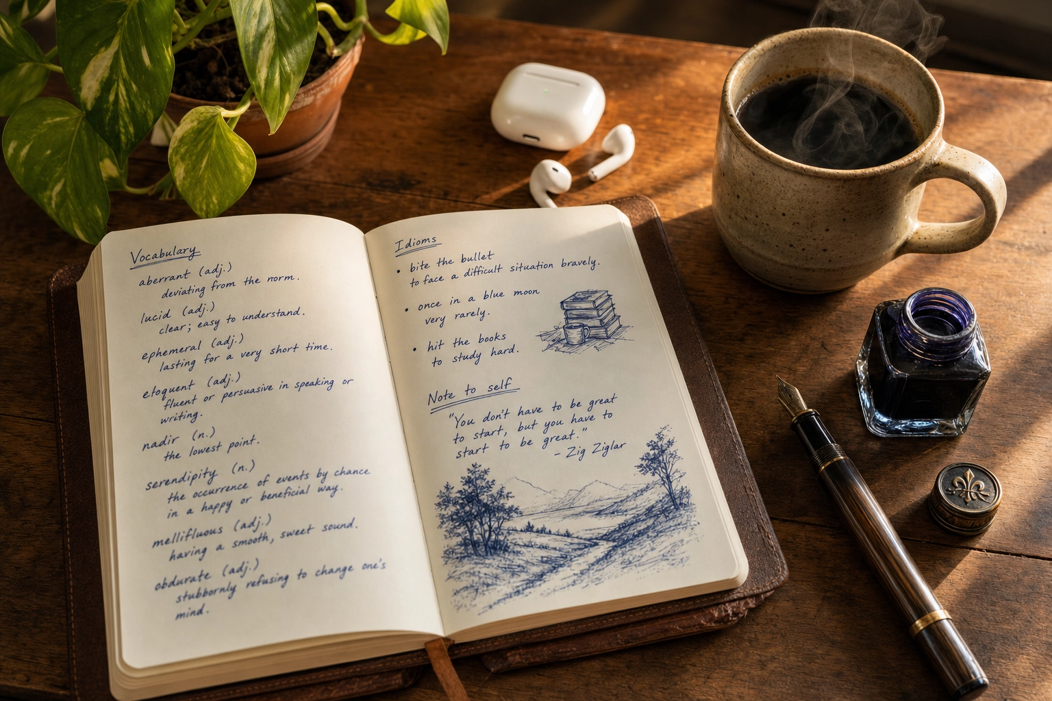Open notebook with handwritten English vocabulary, earbuds and coffee on a wooden desk