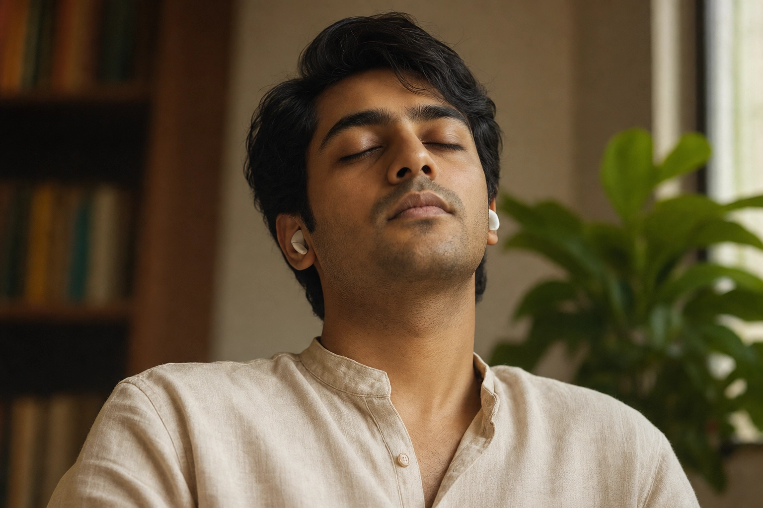 Young man with eyes closed wearing earbuds in a quiet moment of focused English listening practice