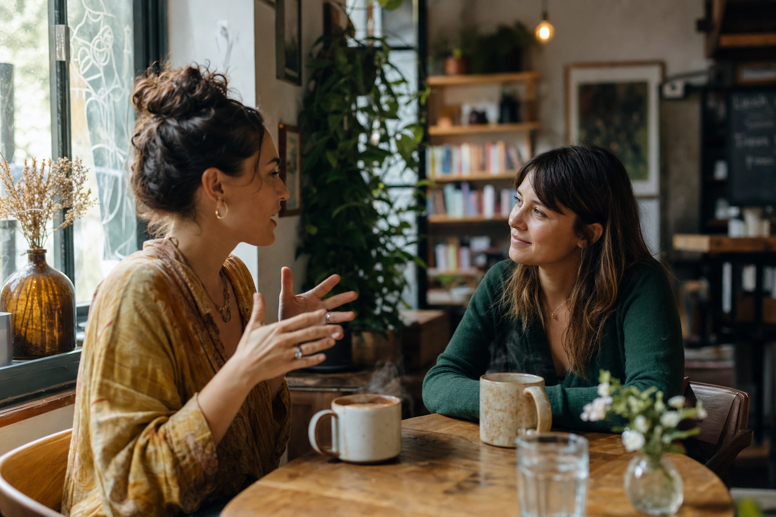 Two friends having an animated face-to-face conversation at a cozy coffee shop table