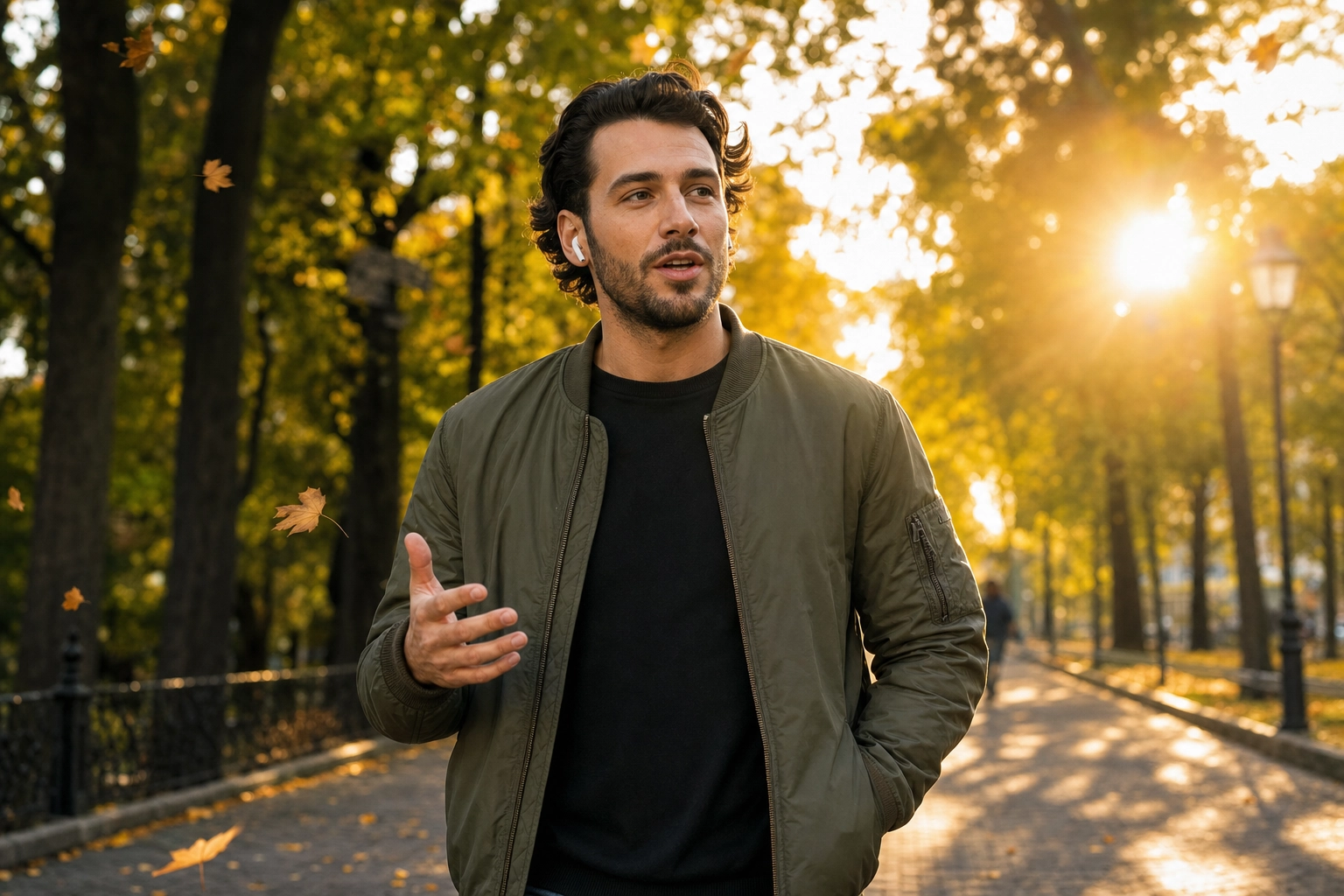 Man walking through autumn park practicing English hands-free using wireless earbuds