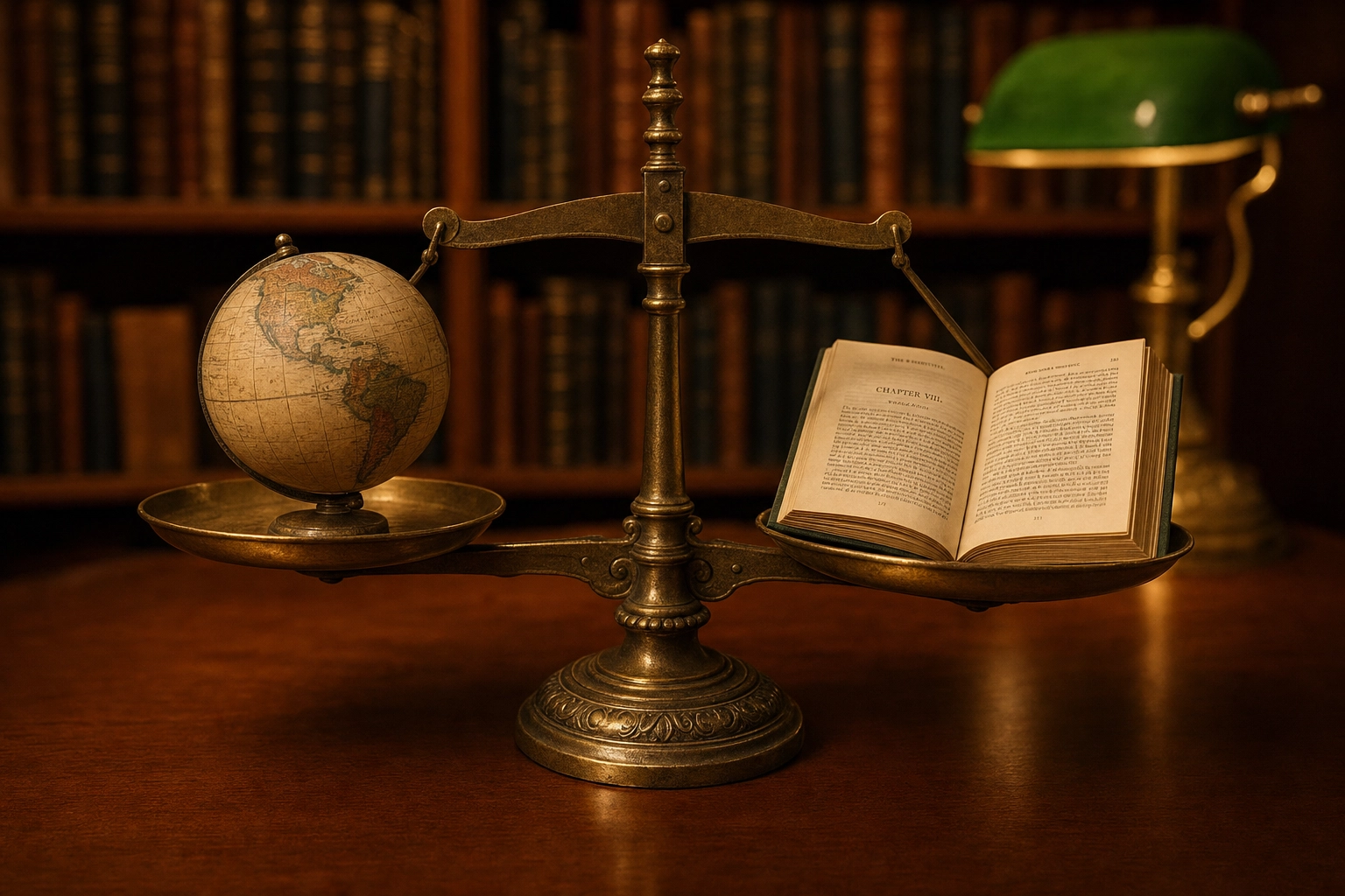 Antique brass balance scale weighing a globe against an open English book on a wooden desk
