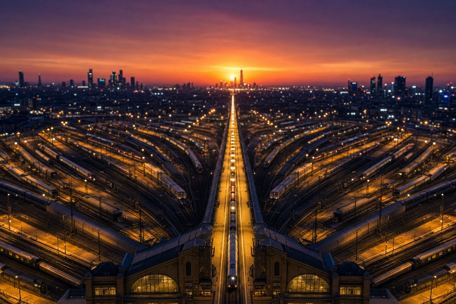 Aerial view of a railway terminal with platforms branching to many destinations versus one focused path