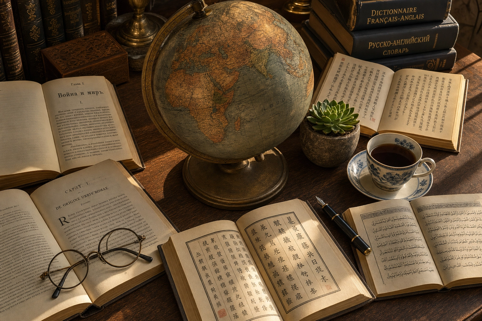 Vintage globe surrounded by open books in different languages on a wooden scholar's desk