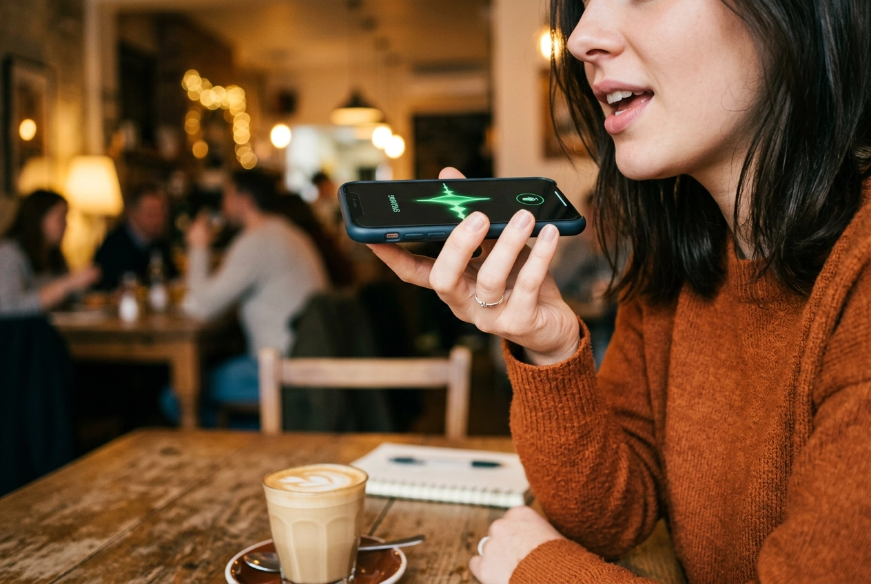 居心地の良いカフェでスマートフォンのAI音声ツールを使って英語スピーキングを練習している人