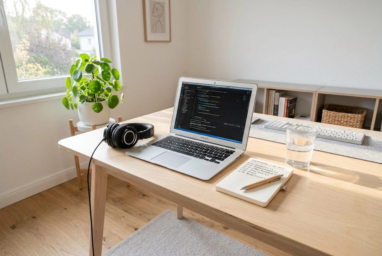 ノートパソコンとスケジュールが整理された、毎日の英語スピーキング練習ルーティンのための朝のデスクセットアップ