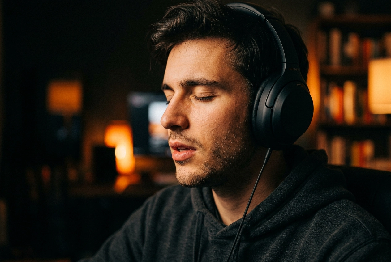 目を閉じて集中しながらヘッドフォンをつけて英語のシャドーイングテクニックを練習している若い男性