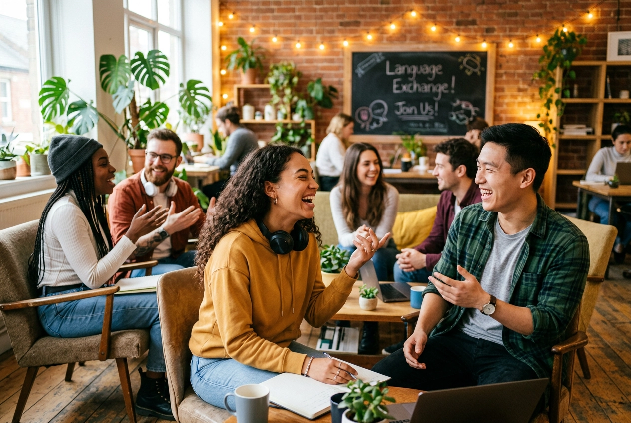 カジュアルなコミュニティ環境で一緒に英会話を練習している多様な学習者のグループ