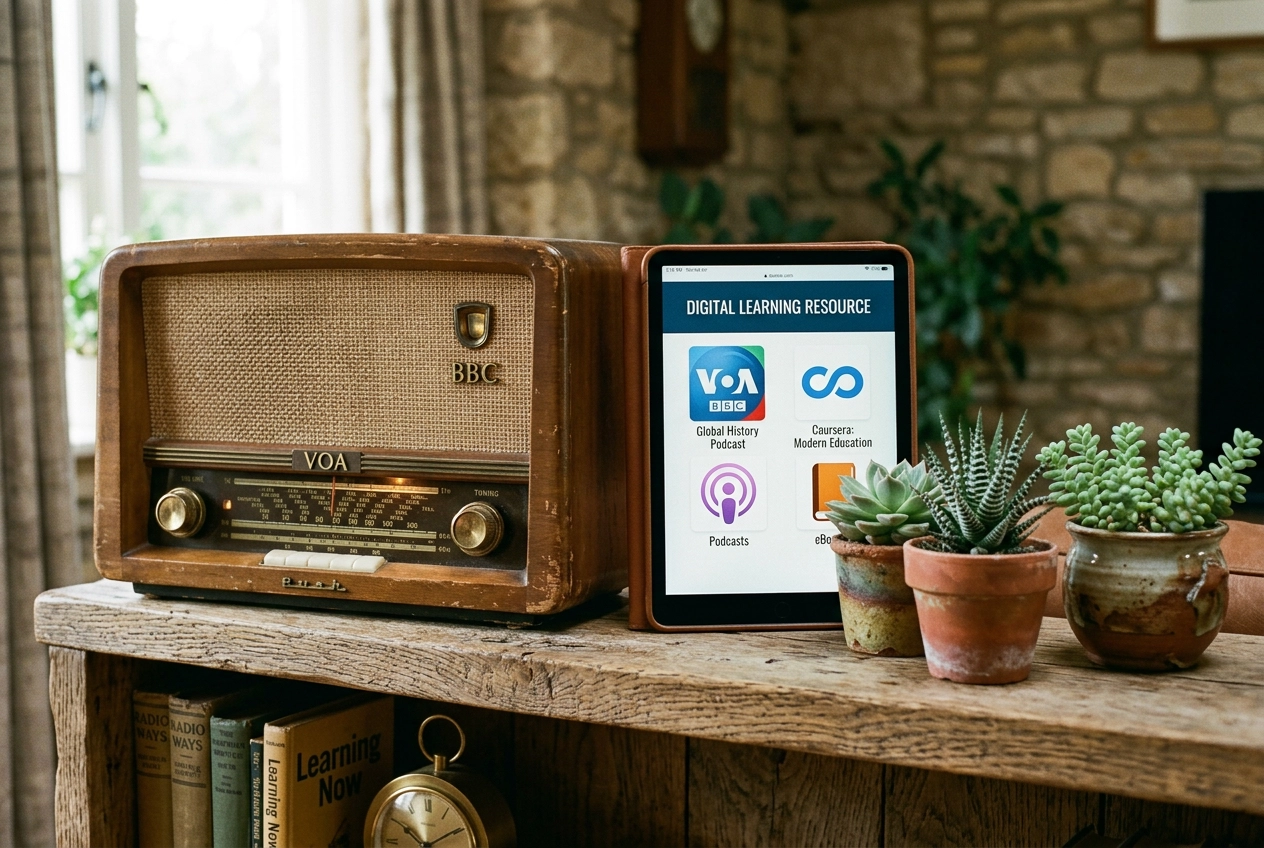VOAとBBCの無料英語学習リソースを象徴するヴィンテージラジオと現代のタブレット
