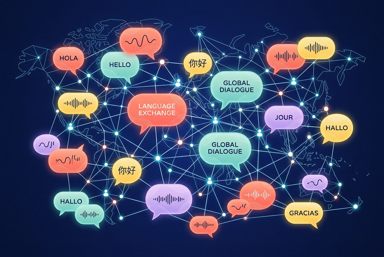 カラフルな吹き出しがネットワークを形成する、グローバルなランゲージエクスチェンジのつながりを表す抽象的なイラスト