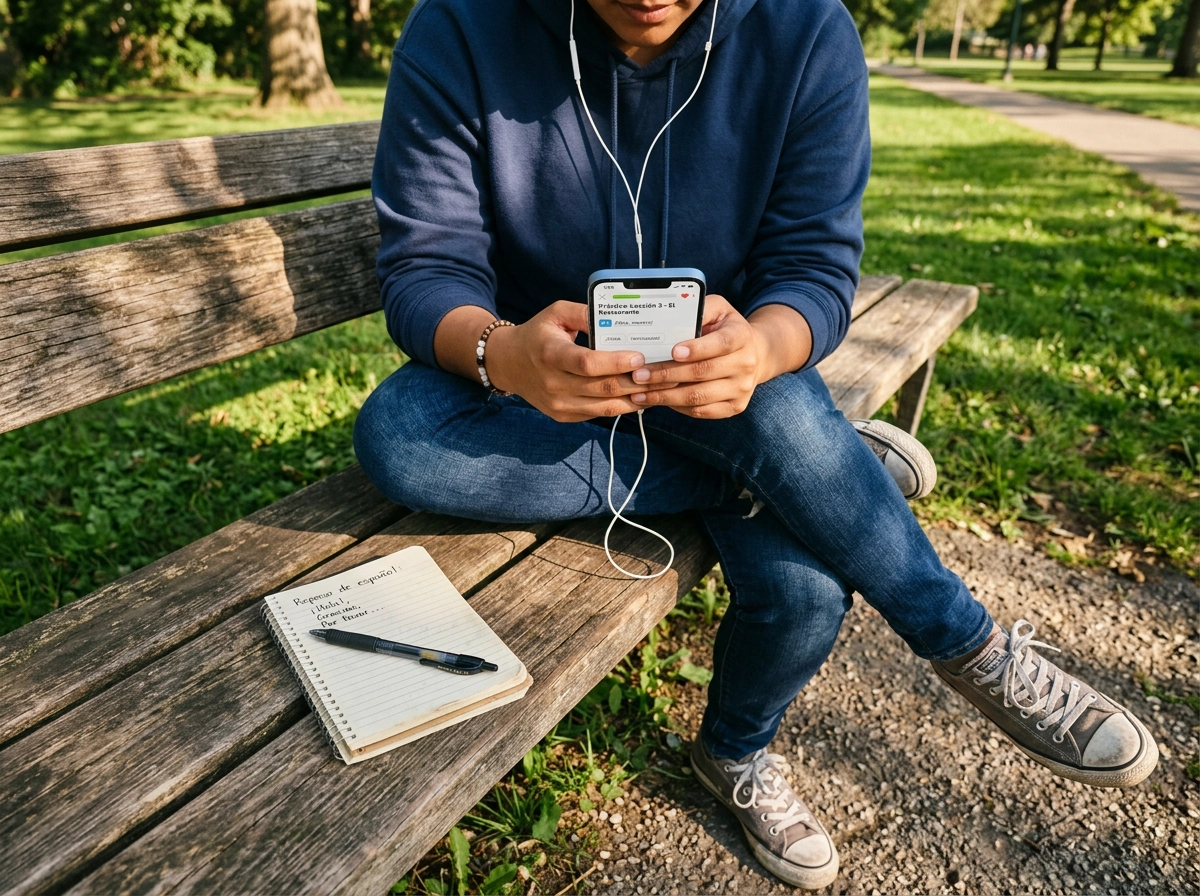 公園のベンチでイヤホンを着けてスマートフォンで屋外モバイル英語スピーキング練習をしている手元