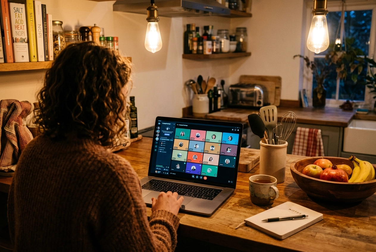 居心地の良い自宅のキッチンカウンターに置かれたノートパソコンに映るオンライン英語練習のグループセッション