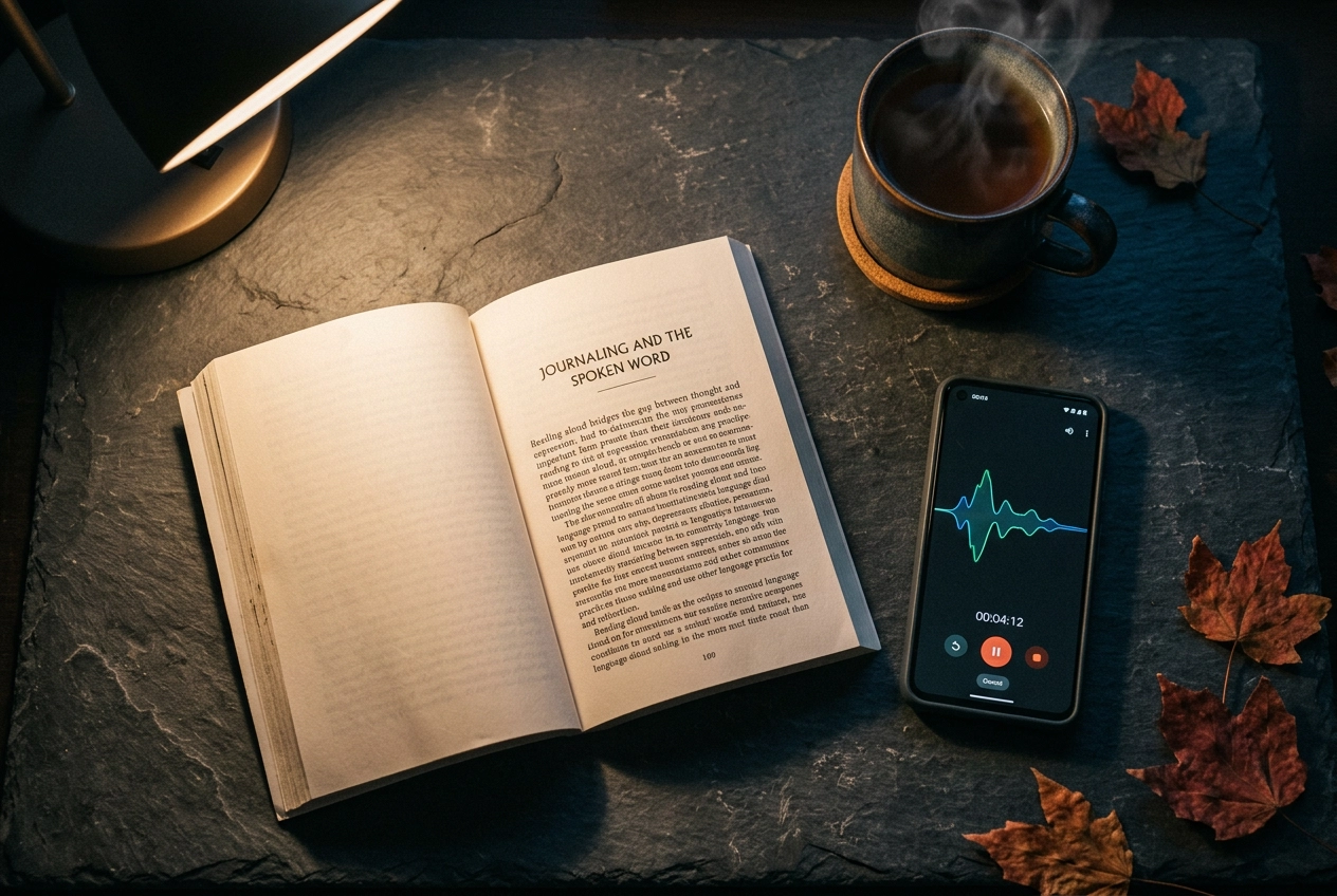 英語音読や録音などの独学スピーキングテクニックのための本とスマートフォンのボイスレコーダー