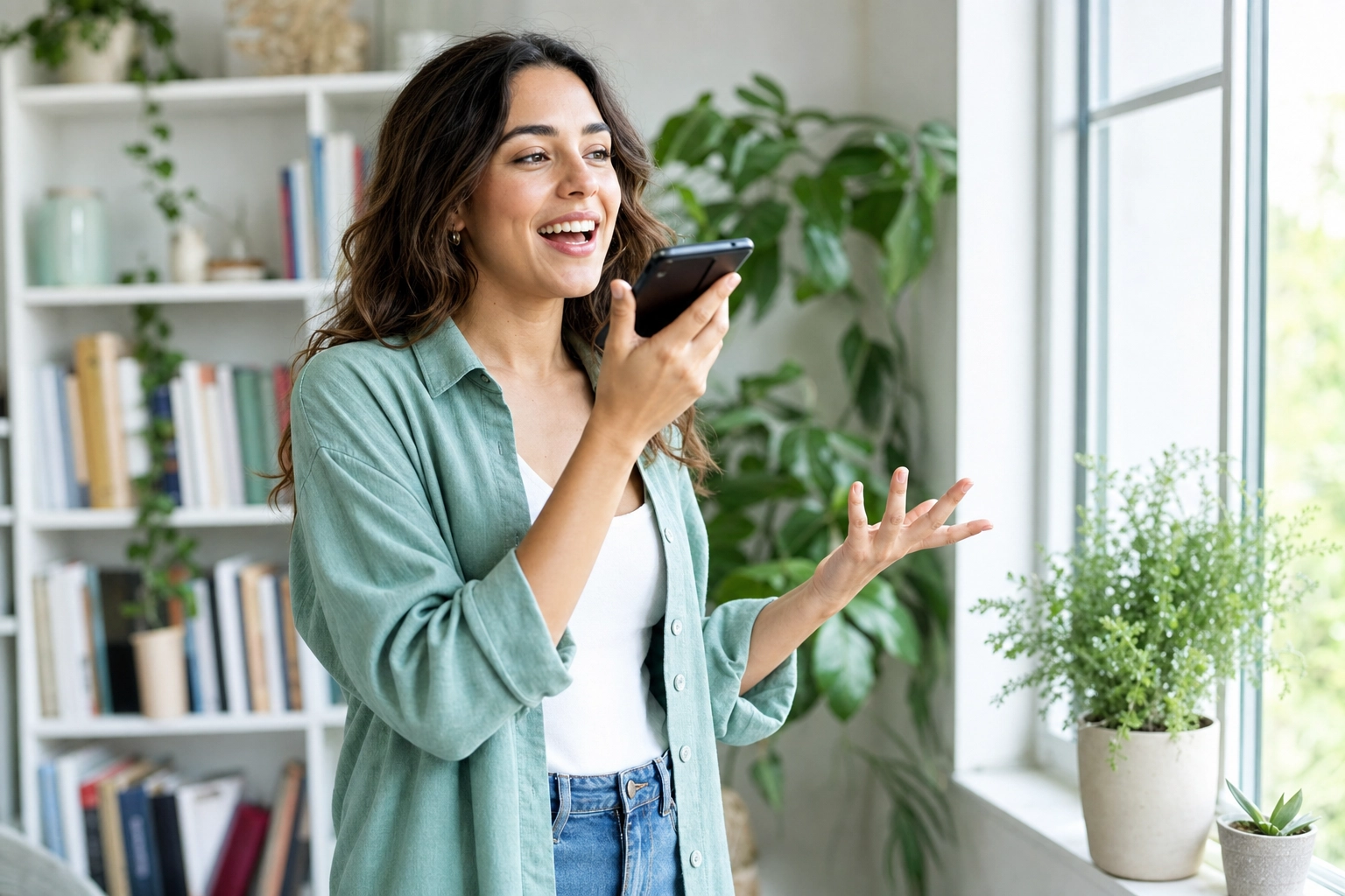 Confident learner speaking into a phone to discuss a TV episode aloud with an AI English tutor
