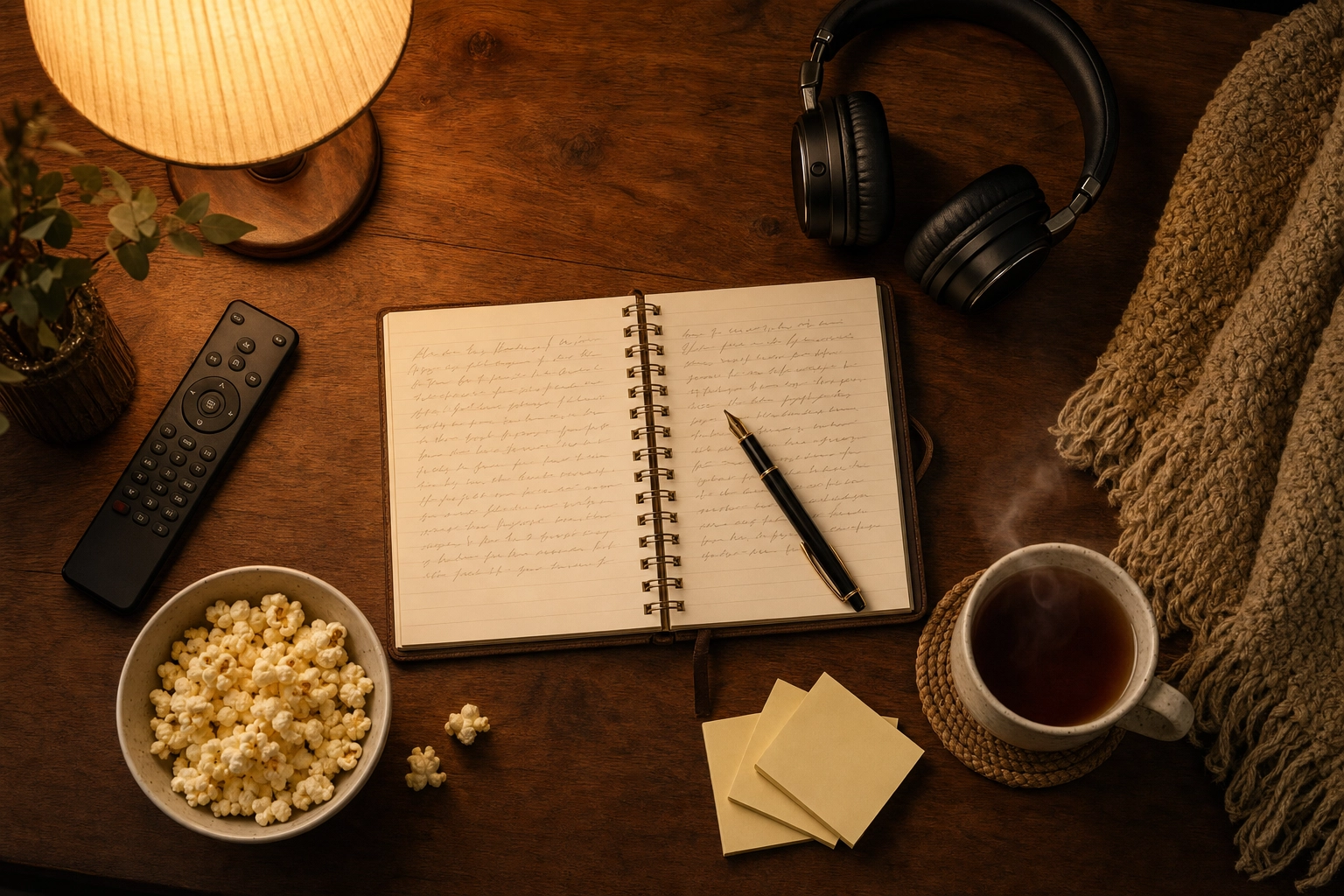 Movie-night study kit with a notebook, headphones, remote and popcorn for learning English with movies